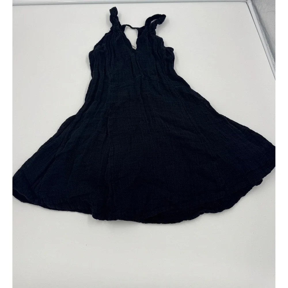 Free People XS Black Smooth Sailing Mini Dress Linen Gauze‎ Fabric Big Pockets